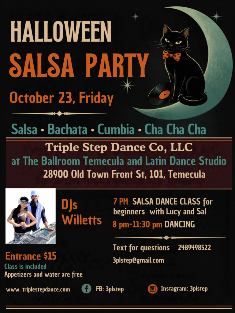 Halloween salsa party announcement at Triple Step Dance in Temecula